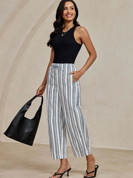 Luvamia Pants - Luvamia High-Rise Wide Leg Barrel Pants-Navy & White Stripes